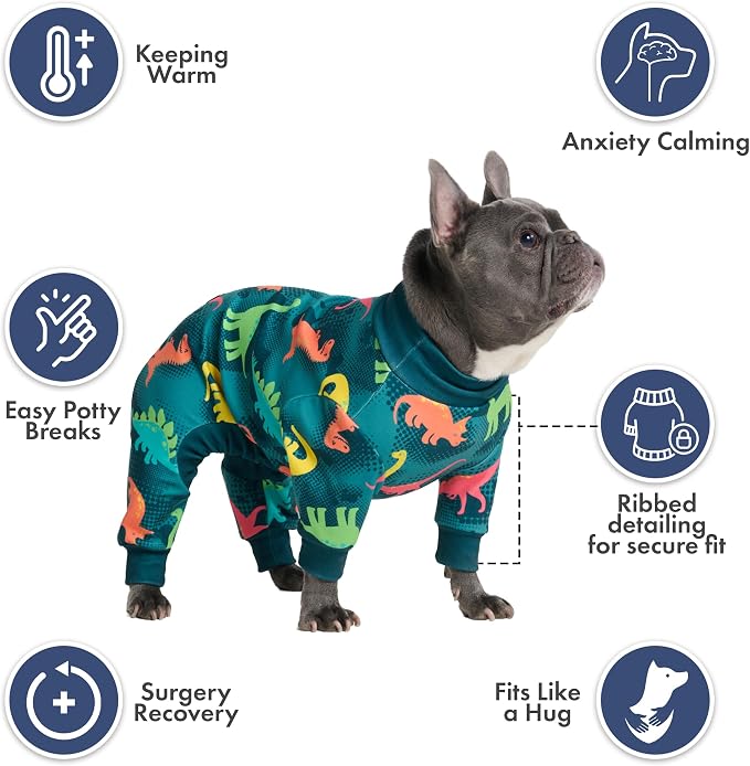 Spark Paws Dog Pajama, Dog Recovery Suit Male, Onesie, Ultra-Soft and 4-Way Stretch, for Small Medium and Large Breeds - Dinosaurs - XL