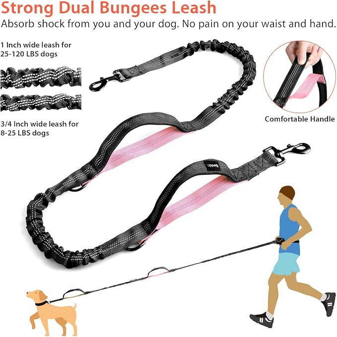 Uppetly Hands Free Dog Running Leash with Waist Belt, Dual Handle Elastic Bungees Retractable Rope for Small and Medium Dogs, Reflective Stitches for Walking Hiking Biking (Medium Pink, 8-25lb)