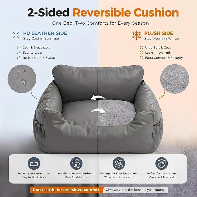 PAWZ Road Dog Car Seat for Small Medium Dogs, Waterproof Booster Bed | Dog booster car seat with dual safety belts, side storage pocket, waterproof leather, soft PP cotton for travel and home