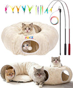 Cat Tunnel Bed with Interactive Cat Toys – 31.5" Large Collapsible Play Tunnels for Indoor Cats, Soft Plush Washable Hide & Seek Tube, Perfect for Small to Large Kittens and Adult Cats (White)