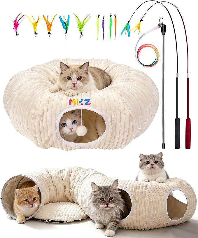 Cat Tunnel Bed with Interactive Cat Toys – 31.5" Large Collapsible Play Tunnels for Indoor Cats, Soft Plush Washable Hide & Seek Tube, Perfect for Small to Large Kittens and Adult Cats (White)