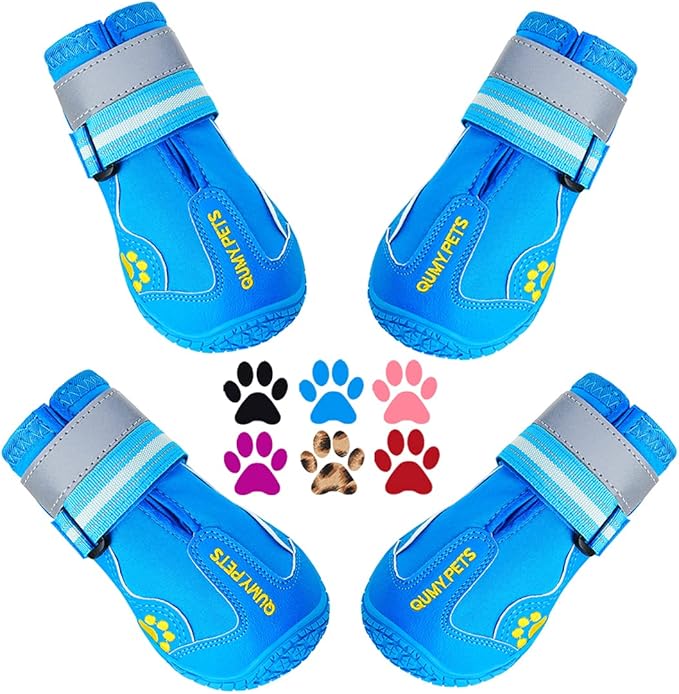 QUMY Dog Shoes for Hot Pavement, Dog Snow Boots & Paw Protectors for Winter | Dog Booties Medium Large Size Dogs, Water-resistant in the Rain, Outdoor Walking, Indoor Hardfloors Skid-resistant Sole Blue