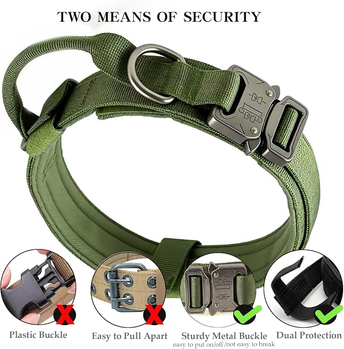 Tactical Dog Collar Adjustable Military Nylon Dog Collar with Control Handle and Heavy Duty Metal Buckle for Medium and Large Dogs (Green,S) | 1000D Heavy-Duty Nylon Fabric，Quick-Release Metal Buckle，Soft-Padded Webbing，Velcro Patch&D-Ring for Training...