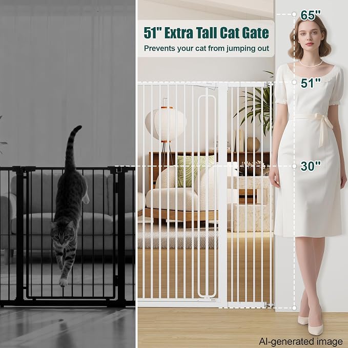keny 51" Extra Tall Pet Gate, 29.7"-46" Wide Adjustable Cat Gate | for Doorway, Hallway, Stairs, Auto-Close & Pressure Mounted, No Drilling, White