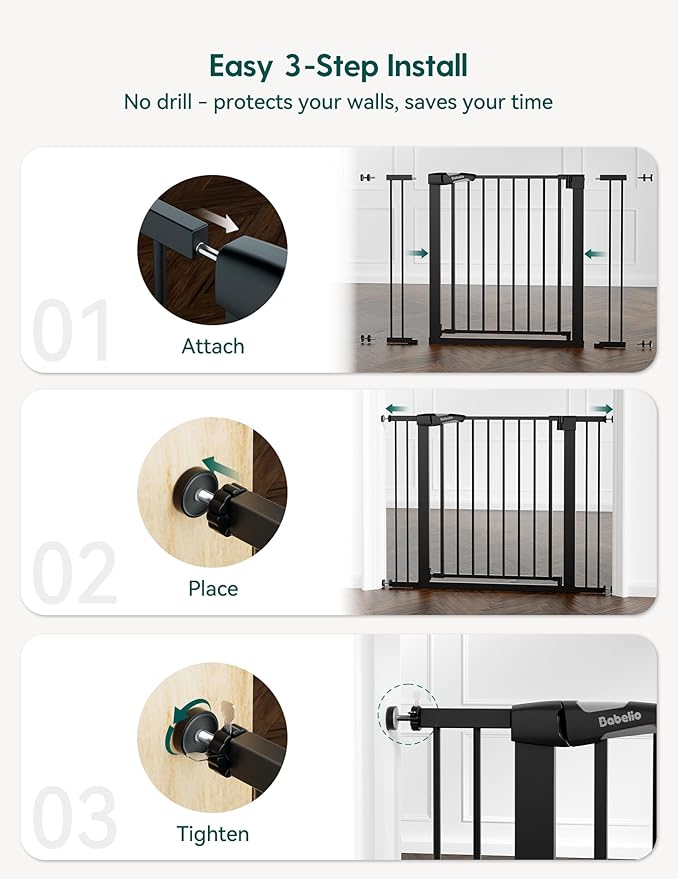 Babelio Pressure Mounted Baby Gate for Stairs, 26-40" Wide Dog Gate Indoor | Triple-lock system; Pressure/wall mount Auto-close; 200N impact tested; Easy Install for Doorways, Kitchen, Hallway, Black