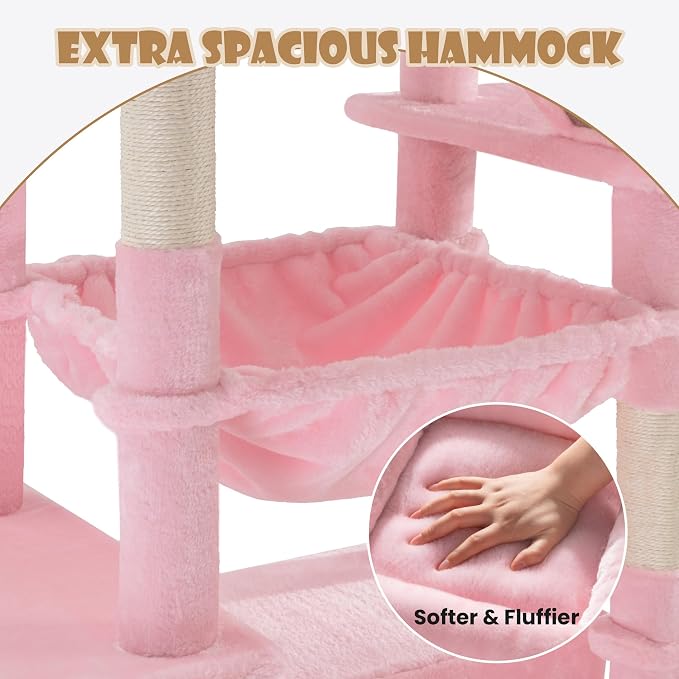 SHA CERLIN 81in Multi-Level Tall Cat Tree Tower for Indoor Kitties/Larger Cat Condo Furniture with Hammock/Cozy Pussycat Perches/Sisal Scratching Posts/Pet House/Wide Base/Pink