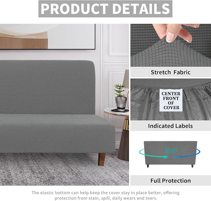 Easy-Going 100% Waterproof Futon Cover, Stretch Futon Slipcover Medium | Dual Waterproof Armless Futon Couch Cover, Leakproof Sofa Bed Furniture Protector for Kids Pets Dog Cat, Grey