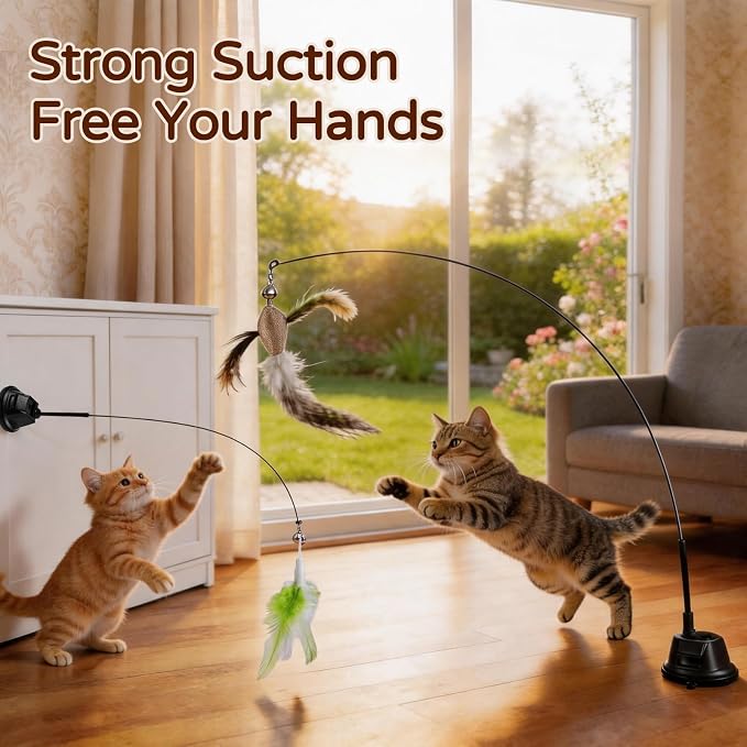 Interactive Cat Toys for Indoor Cats, Feather Wand | Flying Bird Cat Toy with 360° Movement, Enrichment Cat Teaser with 6.5cm Suction Cup, Self-Play Cat Toy for Bored Cats