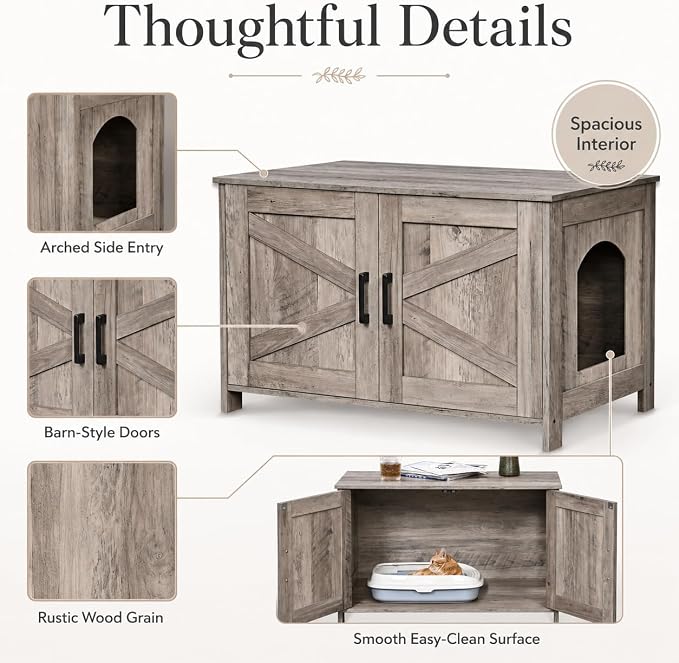 Homhedy 31.5" L Cat Litter Box Enclosure with Barn Door, Greige | Wooden Cat Washroom Furniture, Cat House, Pet Storage Cabinet, Dog-Proof, Fit Most of Litter Box, Farmhouse Style
