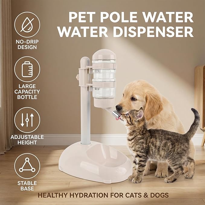 Pet Standing Water Dispenser Feeder, 500ml Dog Water Feeder Bottle Adjustable Raised Pet Food Bowl for Dogs Detachable Bottles Easy Cleaning (Beige)
