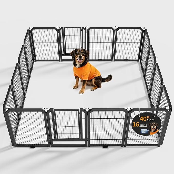 Dog Playpen Indoor 40 Inch 16 Panels Pet Pen with Door & Stakes Portable Exercise Puppy Playpens Metal Dogs Fence Outdoor for Yard RV Camping Training Trips Medium Large Dogs Foldable Expandable