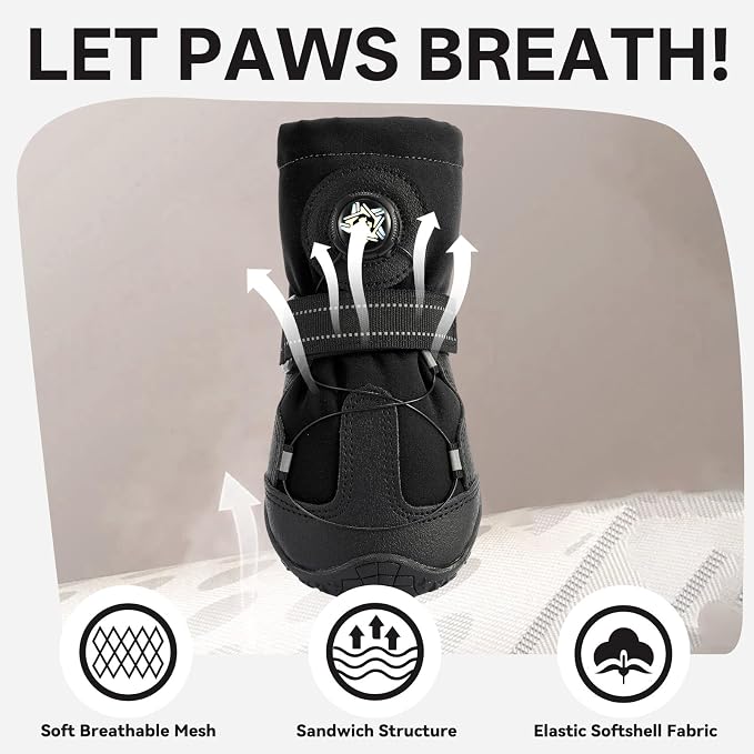Dog Booties with Micro-Adjustable Dial, Waterproof Dog Shoes for Large Medium Small Dogs, Rugged Non-Slip Rubber Paw Protectors for Hot Pavement and Snow, Hiking 4PCS (Black, Size 4)