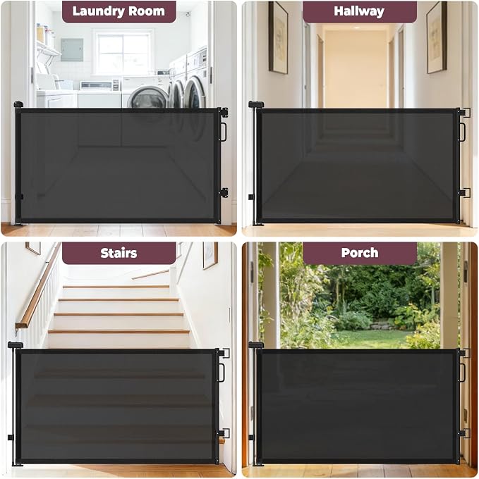 2Pack Retractable Baby Gates for Stair, 58" Extra Wide Mesh Dog Gate | Child Gate for Toddler Pet, Indoor and Outdoor Use, Easy Install, 34" Height, Black