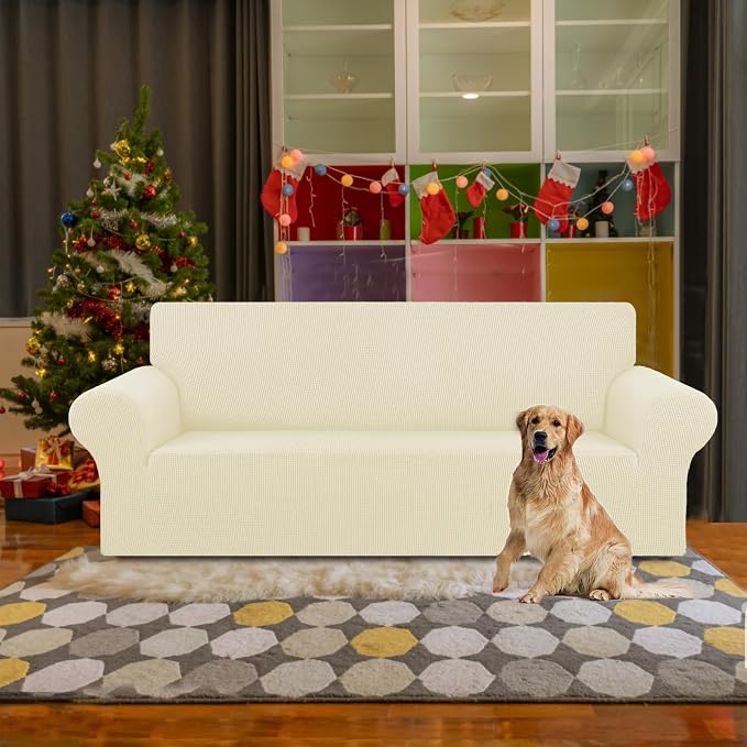 Stretch Couch Covers for Sofa, 3 Cushion Couch Slipcover,Beige | 1-Piece Washable Sofa Cover Pet Friendly(78"-94") Furniture Protector Soft Jacquard, Elastic Bottom for Dogs & Kids