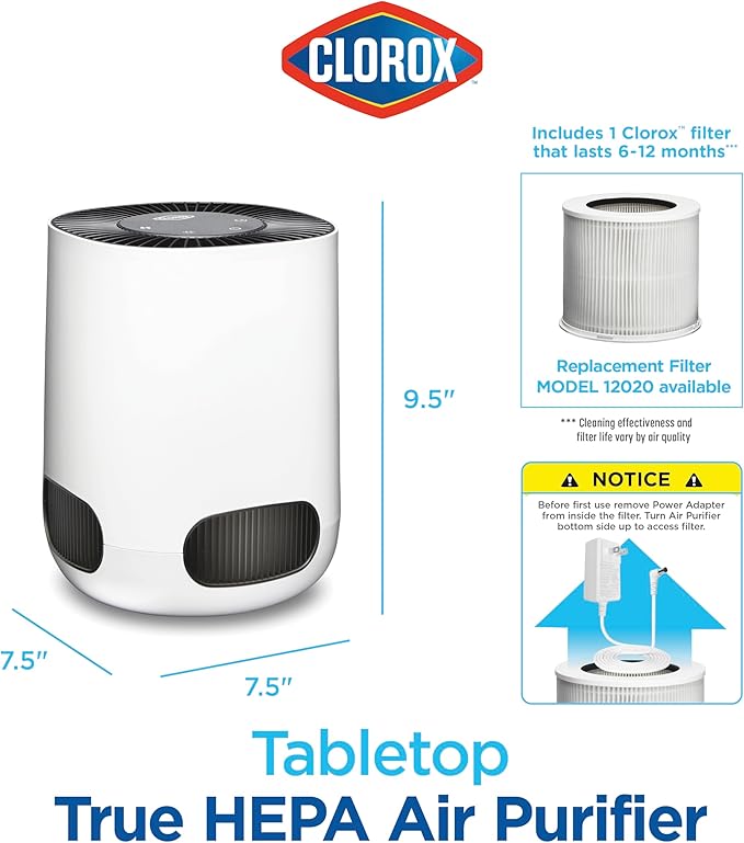 Clorox Small Room Air Purifiers for Bedroom Home, True HEPA Filter