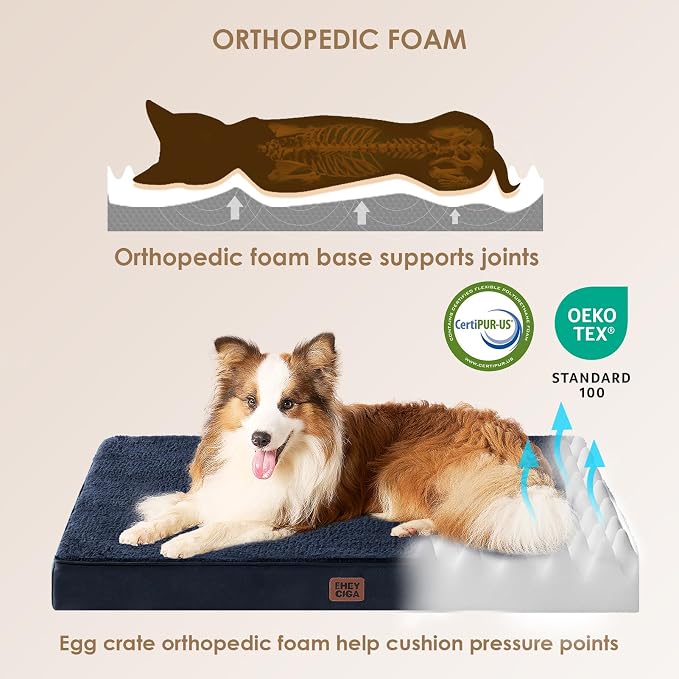 EHEYCIGA Orthopedic Dog Bed Large with Removable Washable Cover,Navy,41x27 | Egg Crate Foam Support,Durable Oxford fabric,Non-Slip Bottom,Machine Washable,Soft Waterproof Plush Pet Bed Mat For Crate