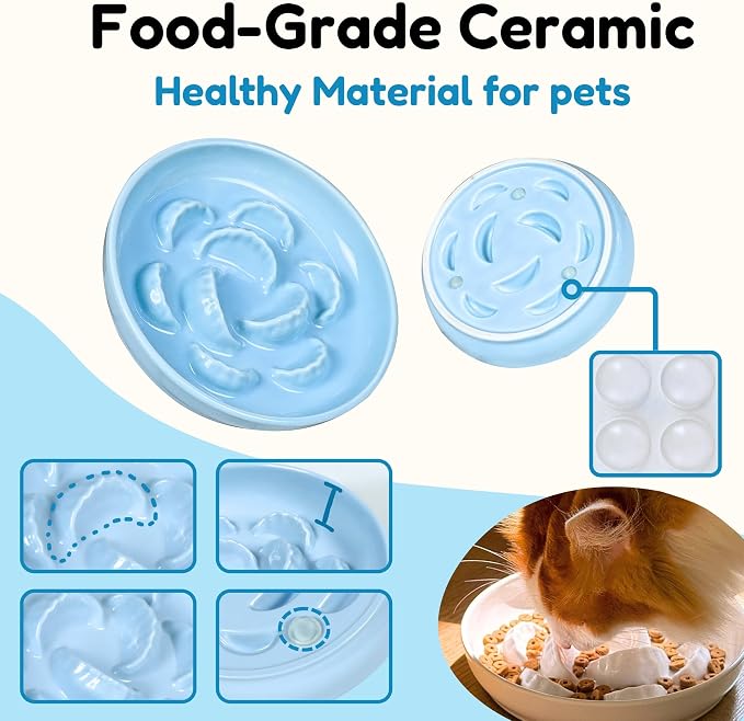 Ceramic Cat Slow Feeder Bowl Set, 2 Pcs Dumpling Shape Cat Food Plates, 6.2" W Wide Shallow Whisker Friendly Slow Feeding Cat Bowls for Dry Food, Wet Food & Treats, Dishwasher Safe (Pink + Blue)