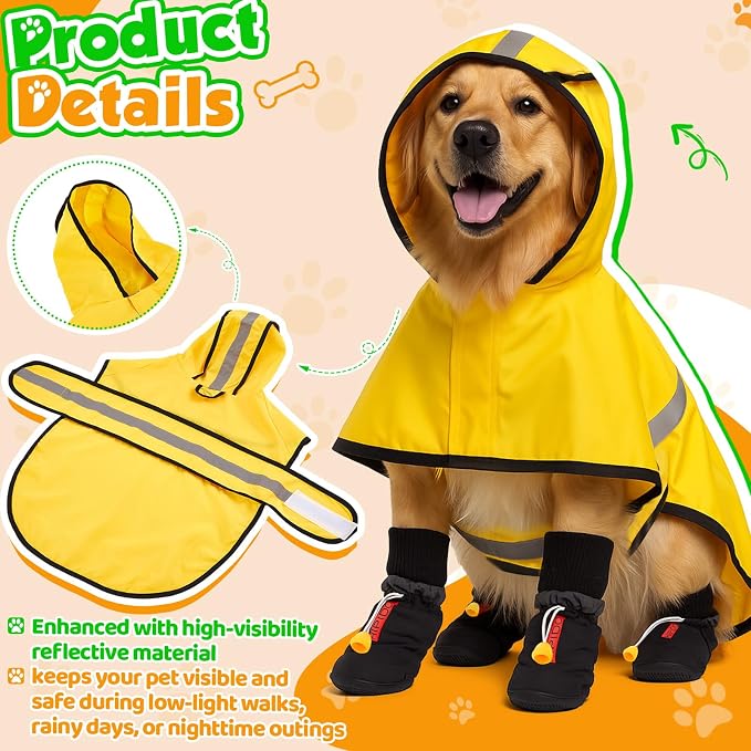 Dog Raincoat and Shoes for Weighing 20-35lbs, Spring Summer Waterproof Dogs Boots & Paw Protectors, Adjustable Pet Poncho with Leash Hole for Large Medium Small Dogs Yellow(Single Side)