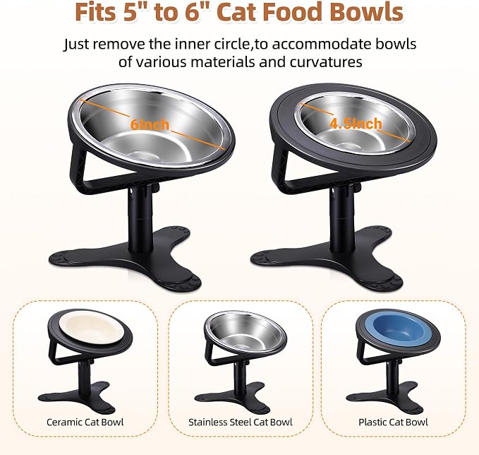 Elevated Cat Bowl with Silicone Food Mat, 3 Height Adjustable, 15° Tilted Cat Bowls Stand with Stainless Steel Bowl for Indoor Cats & Kittens (2 Pack with Mat)，Black