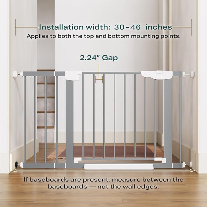 Cumbor 30-46" Baby Gate for Stairs, Auto Close Dog Gate Indoor Gray | Easy Install Pressure Mounted Pet Gates for Doorways & Hallways, Dual Lock Easy Walk Thru Safety Gate Indoor for Kids and Pet