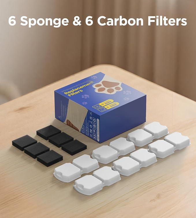 Cat Water Fountain Filter Replacement: 6Pack Pet Fountain Filters of 6 Carbon Filters & 6 Sponges - Use for HOOISE GIOTOHUN ATMZIQXR IHOUONE KOOGMOON 74oz Automatic Pet Fountain Cat Water Dispenser