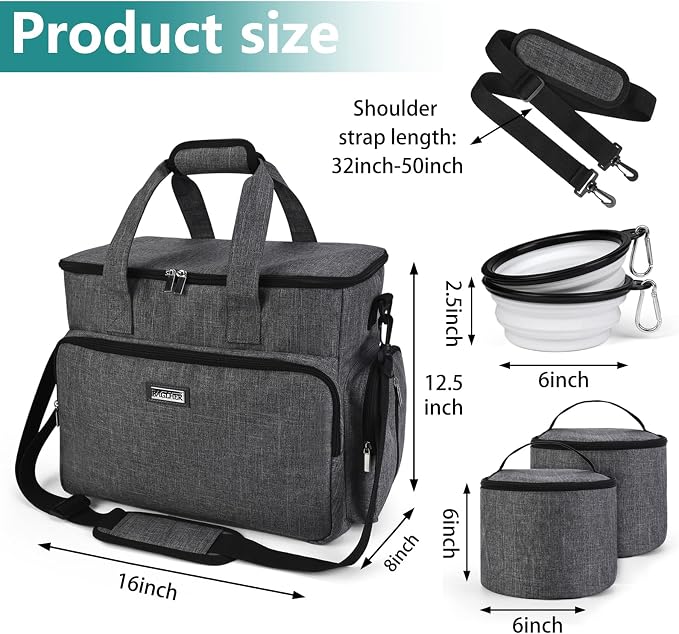 BAGLHER Dog Travel Bag, Airline Approved Pet Tote Organizer with Multi-Function Pockets, 2 X Food Storage Containers and 2 X Collapsible Bowls, Perfect Weekend Pet Travel Set for Dog, Cat Grey