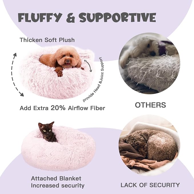 Himax 26in Covered Medium Dog Bed with Blanket Attached Calming Burrow Pink | Anti-Anxiety Donut dog bed with cover, Washable Round Fluffy Pet& Cat Beds