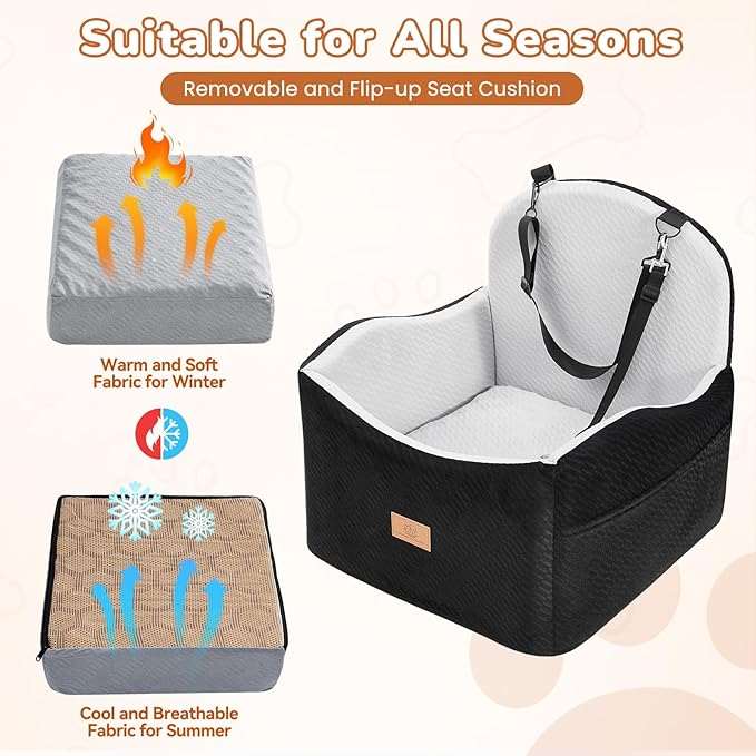 Dog Car Seat for Medium/Small Dogs, Dog Booster Car Seat, Pet Booster Seats Up to 40lbs with Waterproof Layer, 3 Storage Pockets and Safety Belt (Black/Grey)