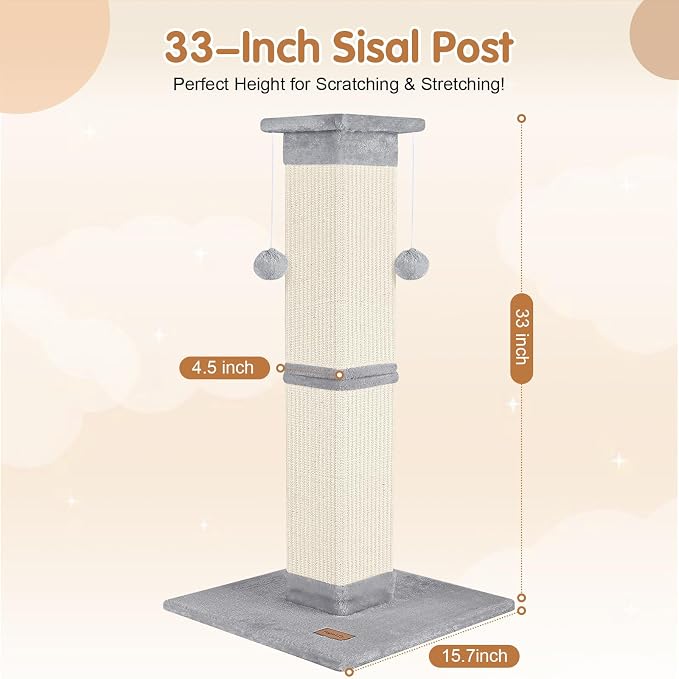 Cat Scratching Post 33 inch for Indoor Cats, High Cat Scratch Post Grey, Cat Tree for Full-Body Stretching, Protect Your Furniture