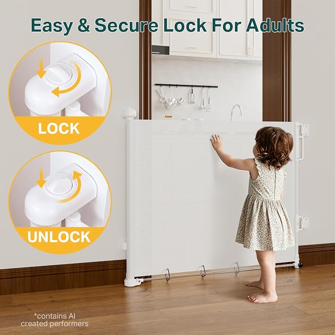 Cumbor 37-55" Retractable Baby Gates for Stairs & Doorways, Indoor Outdoor | Hardware Mounted Mesh Dog & Pet Gate, Easy Walk Through, One-Hand Operation, Anti-Crawl Adjustable Safety Gate for Dog, White