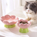 Cute Flower Ceramic Elevated Shallow Cat Bowl for Food & Water | wide and tilted design, whisker-friendly, stable base, dishwasher & microwave safe
