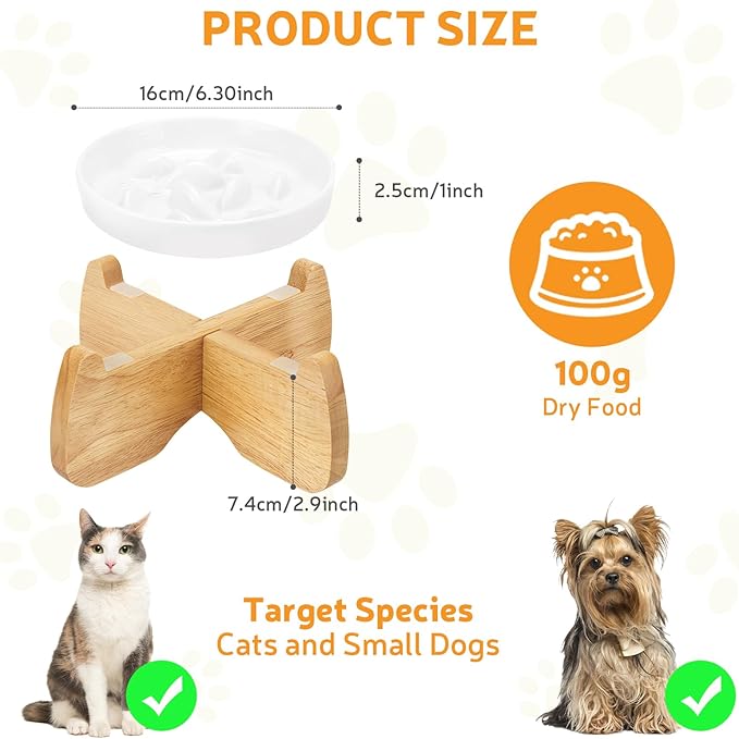 Raised Ceramic Slow Feeder Cat Bowl 6.3" Wide with Stand (1 Pack) | Anti-Gulping & Keep Fit, Dishwasher Safe, For Dry and Wet Food, For Cats and Small Dogs, Shallow Bottom Puzzle Feeder