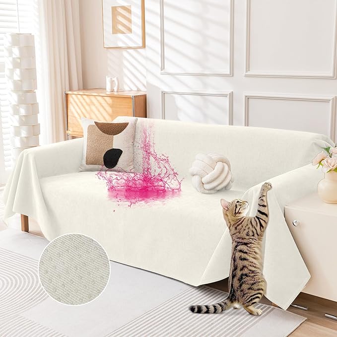 Deep Dream Cat-Scratch Resistant Couch Cover, Waterproof Sofa Cover for 3 Cushion Couch Washable, Pet Friendly Couch Protectors Anti Slip Thickened Sofa Slipcovers for Dogs Pets, 71" x 118", White