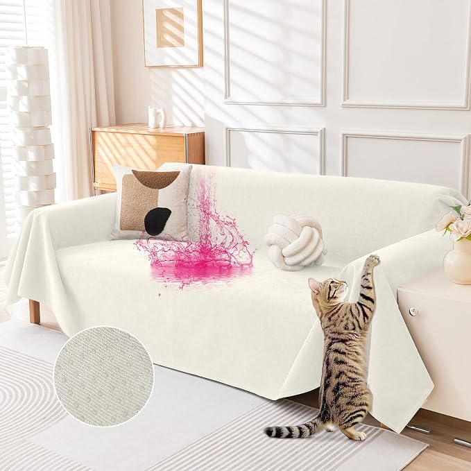 Deep Dream Cat-Scratch Resistant Couch Cover, Waterproof Sofa Cover for 3 Cushion Couch Washable, Pet Friendly Couch Protectors Anti Slip Thickened Sofa Slipcovers for Dogs Pets, 71" x 134", White