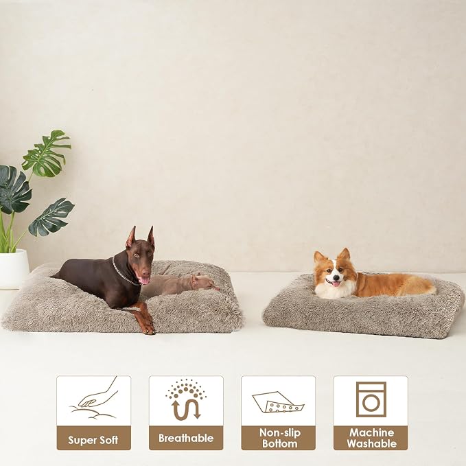 EHEYCIGA Fluffy Dog Crate Bed for Extra Large Dogs, Plush Faux Fur Crate Pad, Calming Anti Anxiety XL Dog Bed, Washable Soft Warm Crate Mat with Non-Slip Bottom, Taupe