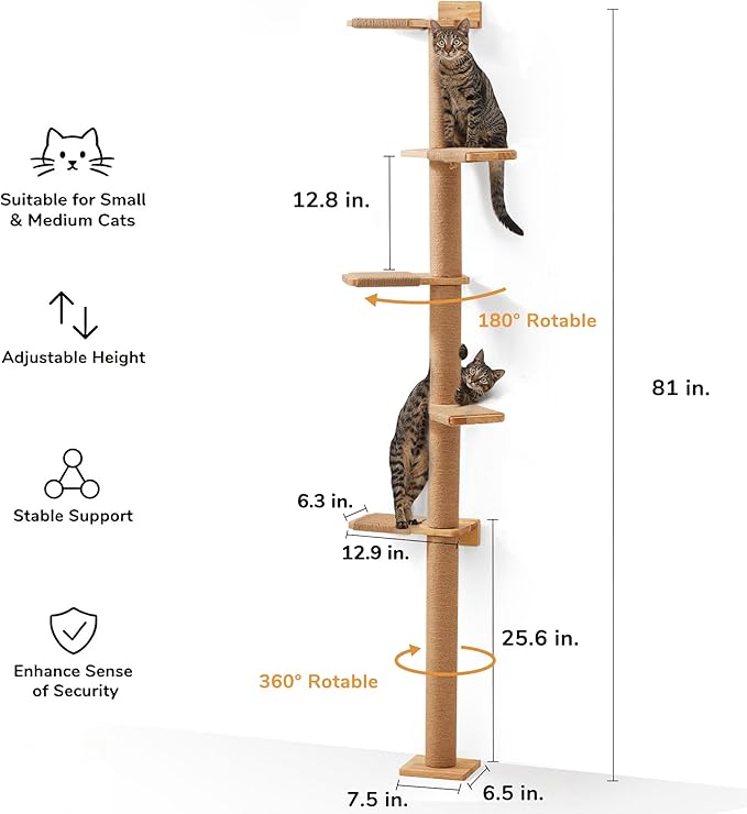 FUKUMARU Wall-Mounted Cat Tree for Small & Medium Cats | 5-Tier Tall, Scratching Post, Indoor Cat Wall Shelves, Climbing Tower, For Climbing, Scratching & Lookout