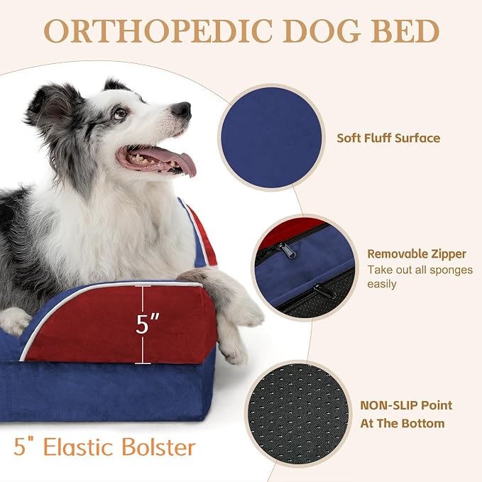 Comfort Expression Orthopedic Dog Bed for Extra Large Dogs with Bolster | Waterproof Dog Couch Bed with Washable Cover & Non-Slip Bottom, Supportive Egg Crate Foam XL Pet Bed, 42x30 Inch