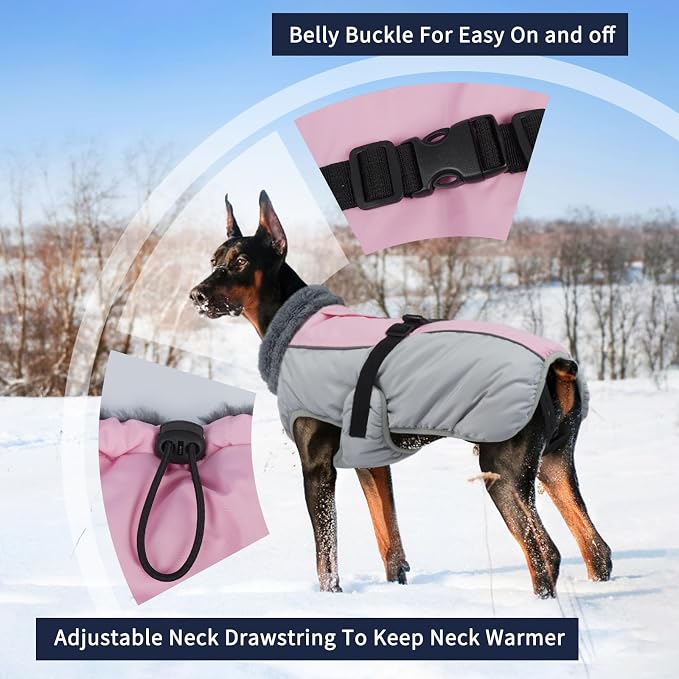 IECOii Extra Warm XXL Dog Coat - Reflective, Adjustable Dog Jacket for Cold Weather Outdoor, Waterproof Windproof Dogs Winter Jacket with Soft Fleece Lined, Machine Washable for Large Dogs, Pink, 2XL