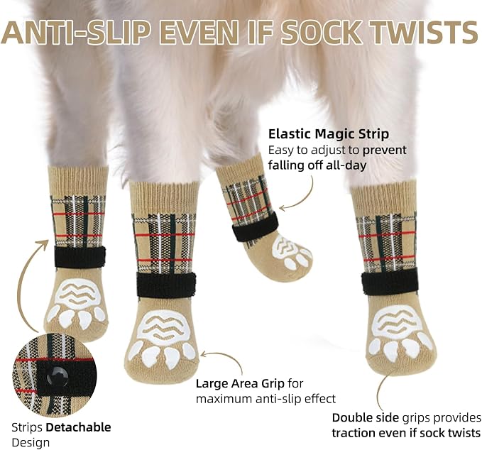 PUPTECK Anti Slip Dog Socks with Double Grippers for Hardwood Floors, Shoes for Hot/Cold Pavement, Boots & Paws Protectors to Prevent Licking, Traction Booties for Senior Small Large Dogs