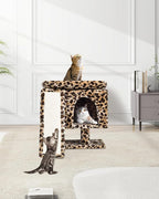 SYANDLVY Small Leopard Print Cat Tree with Perch for Indoor Cats, Cat Tower with Scratching Post, Modern Activity House for Large Cats, Condo with Board, Kittens Cave