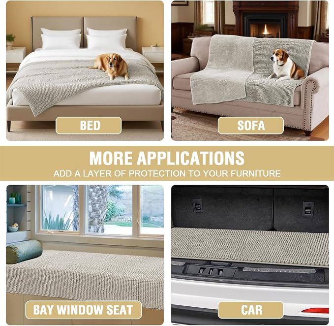 H.VERSAILTEX Plush Chenille Couch Cover for Dogs Pets Blanket for Bed Anti-Slip Soft and Durable Furniture Protector for Small Medium Large Cats Washable (52" x 82", Oatmeal)