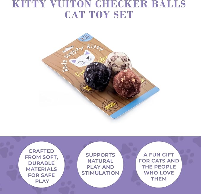 Haute Diggity Kitty Vuiton Checker Balls Set, Soft Plush Cat Toys | 3 Pack Catnip Toys with Interactive Crackle Sound, Safe & Durable Cat Nip Kicker Toy for Outdoor & Indoor Cats & Kitten