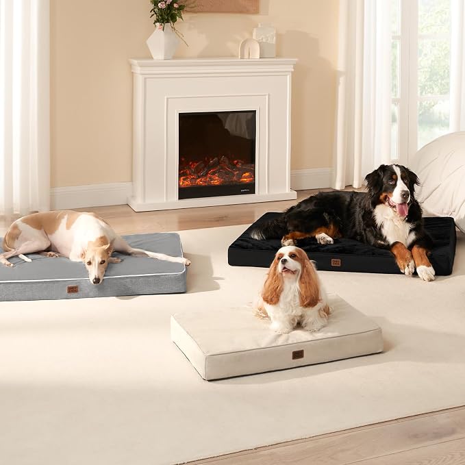 EHEYCIGA Extra Large Memory Foam Flat Dog Bed Washable, 44x32Inch, Beige | High Density Egg Crate Foam, Waterproof Liner, Removable Easy Clean Cover, Non-Slip Bottom, Fits Floor, Camping and Car