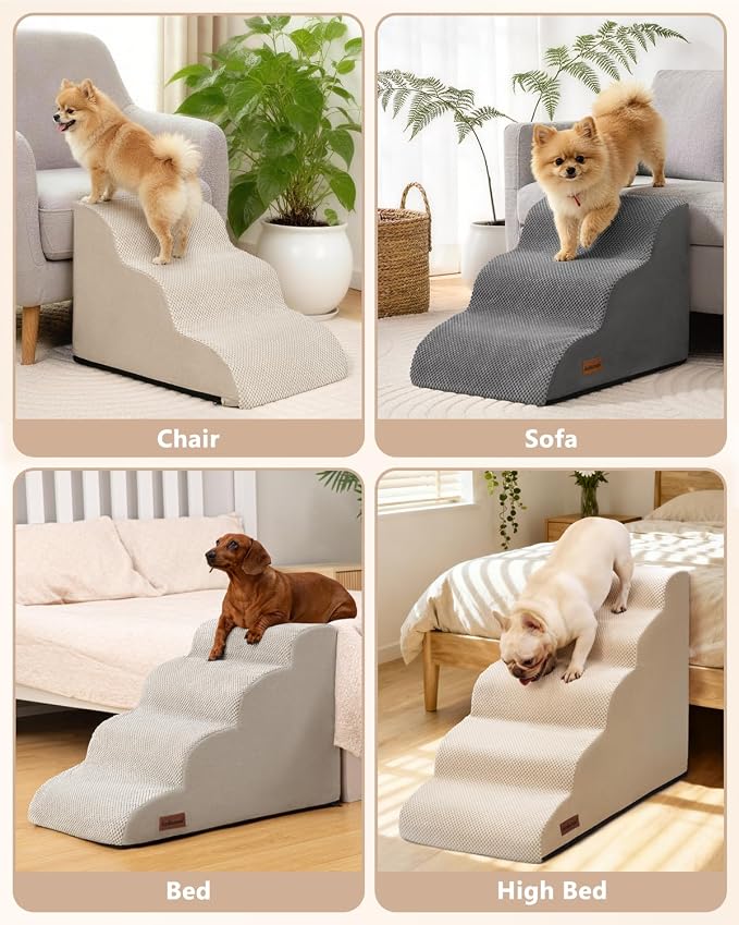 Aodisman Dog Stairs for Small Dogs,3 Step Dog Ramp for Couch,Non-Slip Steps | Pet stairs help small dogs, old cats, and puppies reach couches and chairs easily, durable indoor dog steps,15.4" H,Beige