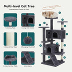 DUMOS 54 Inch Cat Tree Tower with Scratching Posts | Indoor Multi-Level Pet House for Large Cats with 2 Condos, Round Platform, Small Ladder and Toys, Grey