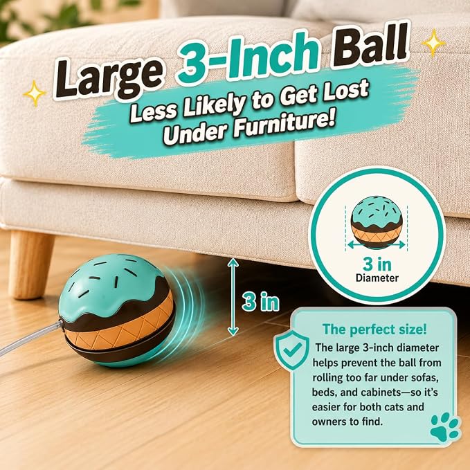 Interactive Cat Toys for Indoor Cats, Automatic Rechargeable Rolling Ball | Realistic Bird Chirping Sound, 6-Color Breathing Light Wand, Feather & Tail Attachments included, Large 3-Inch Ball Design