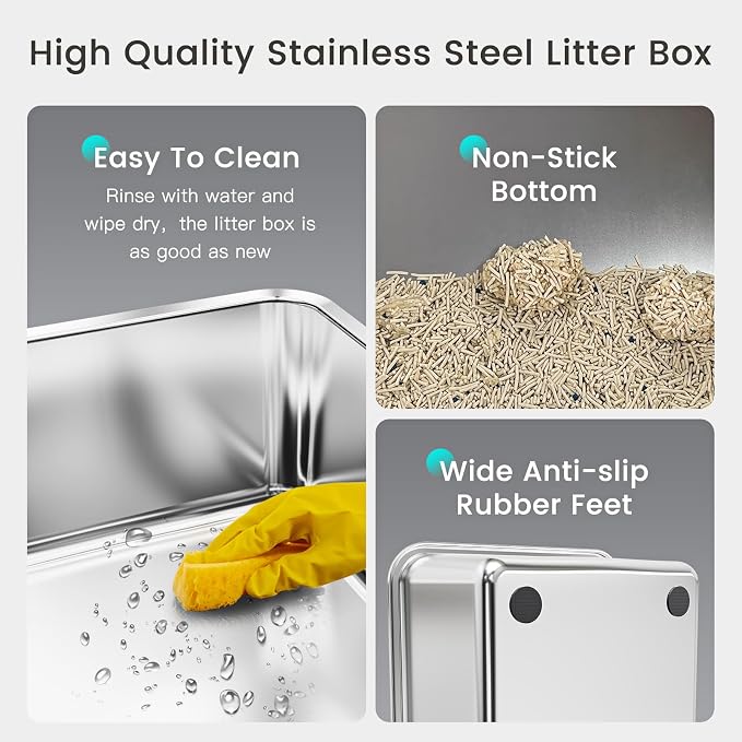Tripamin 15” Stainless Steel Cat Litter Box,XL Stainless Steel with High Sides, Extra Large Metal Cat Litter Box for Big Cats, Multi Cats&Kitty, Easy Cleaning, Non-Sticky(Translucent Black)