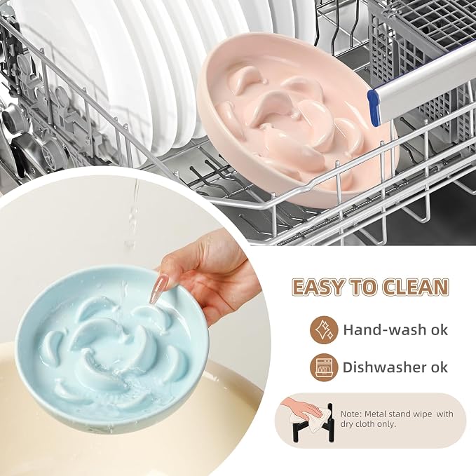 Elevated Ceramic Slow Feeder Cat Bowl, 6.3'' Wide Whisker Friendly | Slow Eating 5x, Anti Vomit Shallow Slow Eating Cat Dish, 3.9" H Raised Cat Puzzle Feeder for Dry and Wet Food, 6.3" X 1.2"