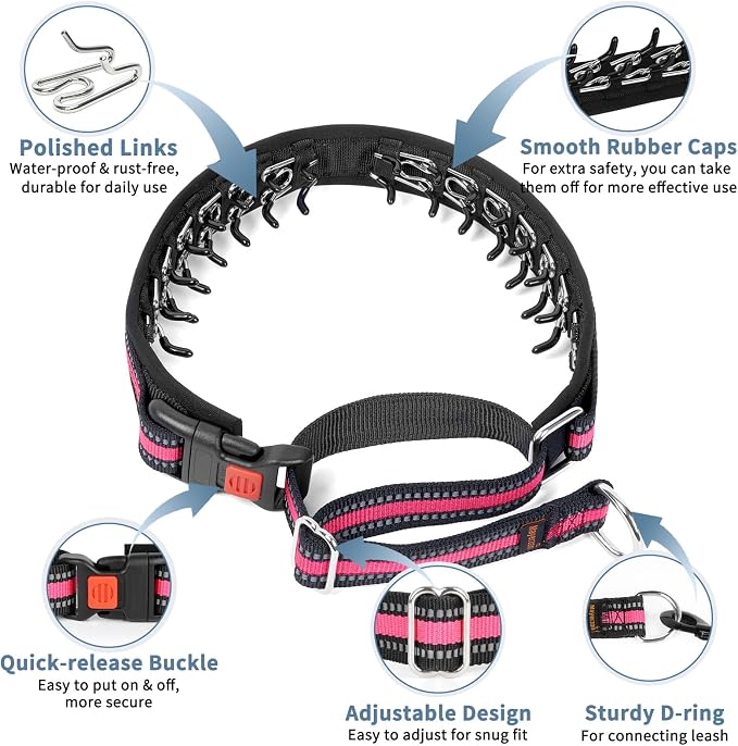 Mayerzon Martingale Collar No Pull for Small Medium Large Dogs | Pink, L | Reflective, Patented Anti Pulling Dog Collar for Walking Training, Buckle, Adjustable, Safe for Night Walks, 2.5mm Links