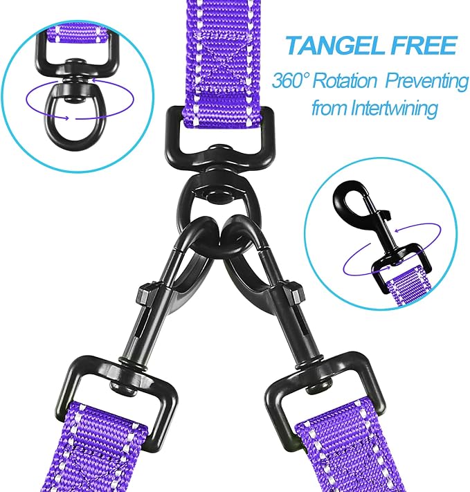 PetBonus Double Dog Leash, No Tangle Dual Leash, Reflective Walking Training Lead, 4 Comfortable Padded Handles for 2 Dogs with Collapsible Bowl and Waste Bags (Purple, Large) | 4 Comfortable Padded Handles, Adjustable, Reflective, For Two Large Medium...